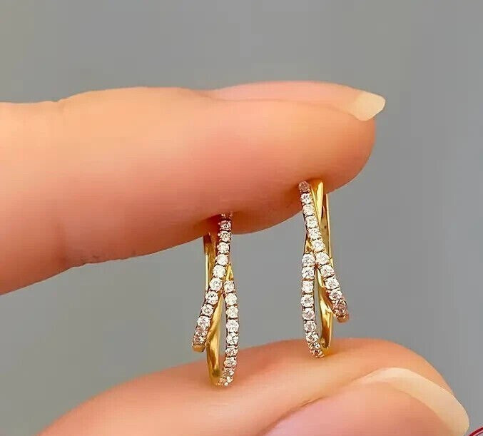 Stunning Clip On Hoop Earring Round Cut Simulated Diamond 14k Yellow Gold Plated