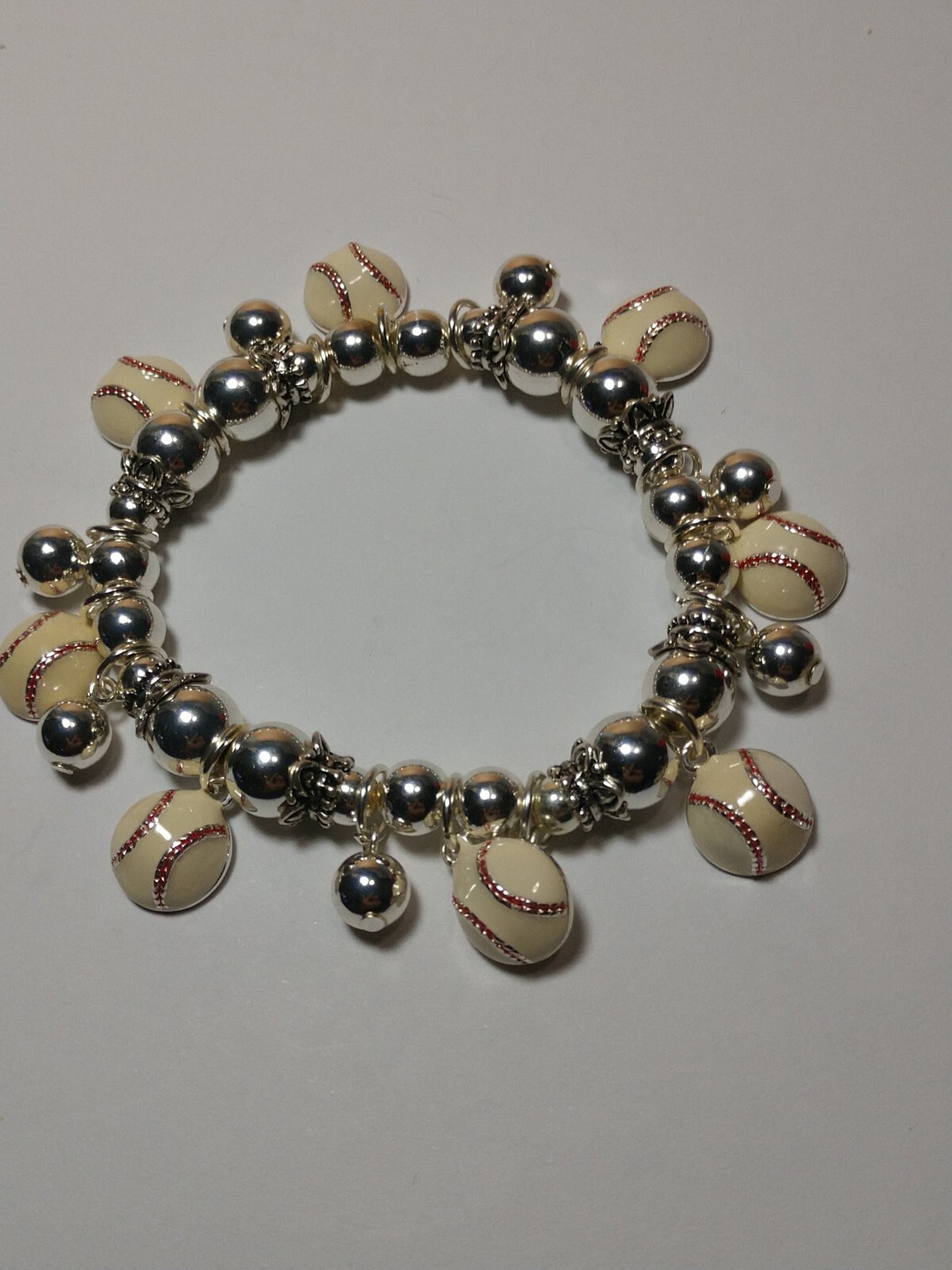 Baseball Charm Bracelet Silver Beads Heavy Duty Stretch Cord New with tags