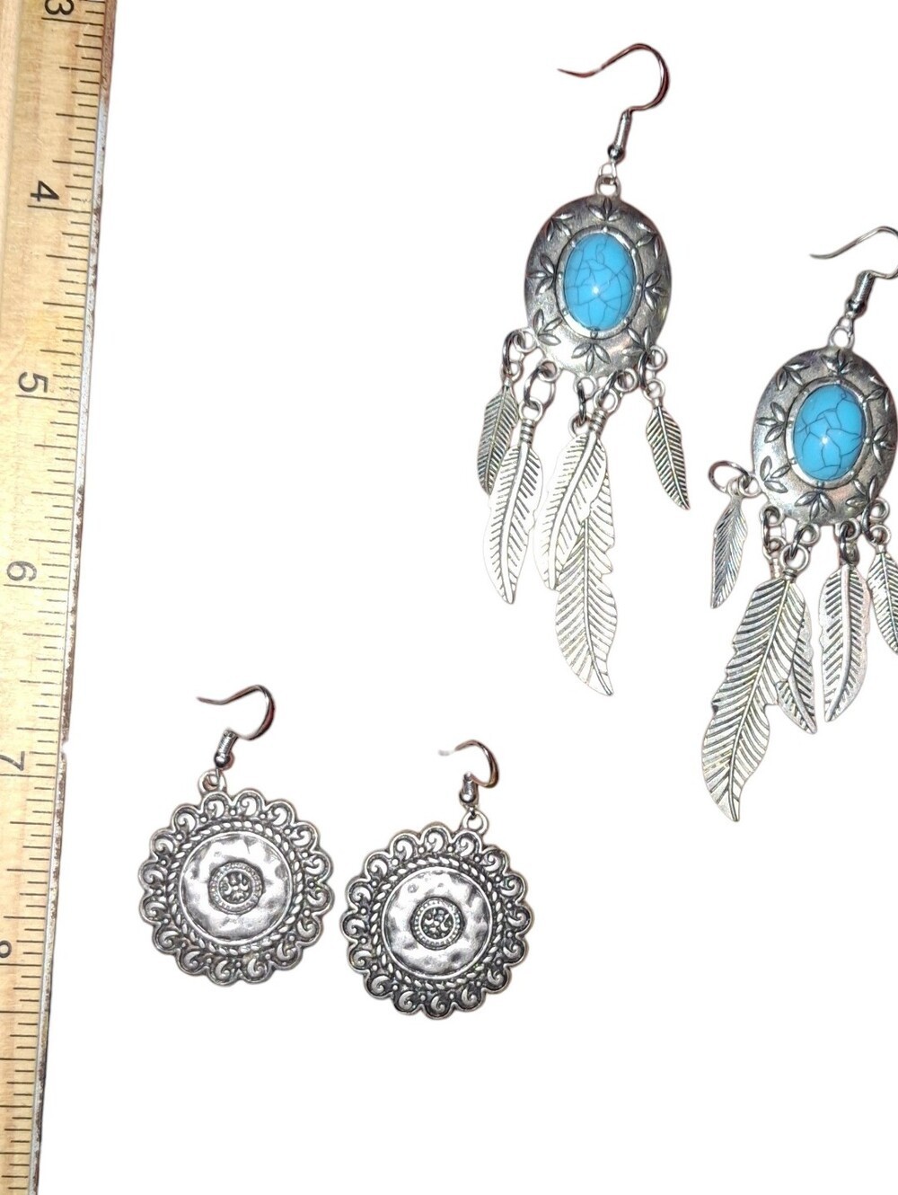 Silvertone Medallion Or Feather Drop Earrings lot of 2