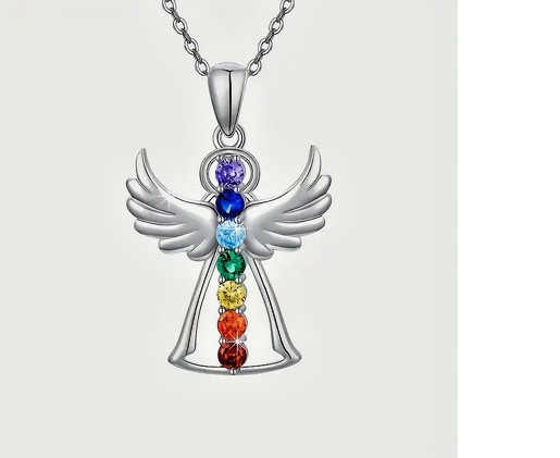 COLORFUL HEALING STONES ANGEL WING Charm 925 Sterling Silver 22″ Necklace Women