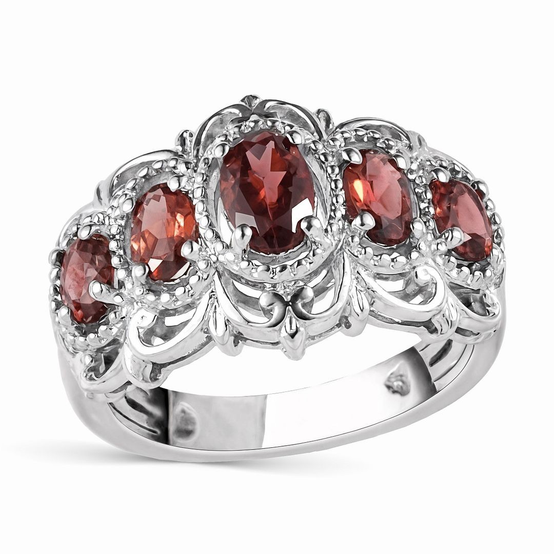 Garnet 1.50 ctw 5 Stone Ring in Platinum Plated Size 6.0