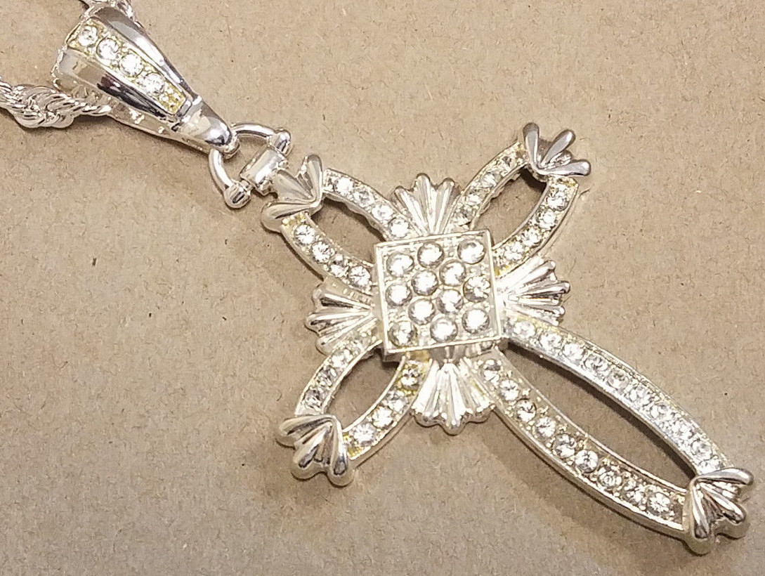 Men’s Silver Plated 30in Long 7mm Wide Rope Chain & Large Open CZ Cross Charm
