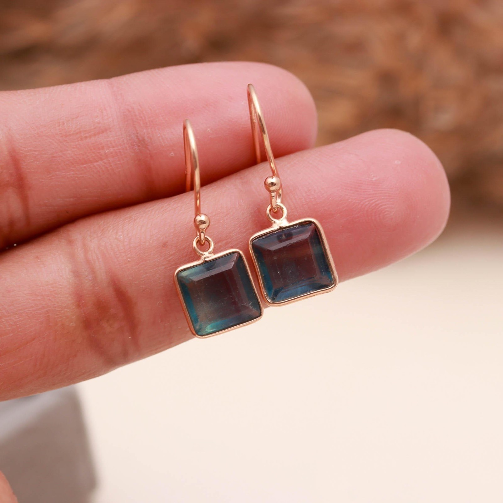 Natural Fluorite Square Dangle Earrings Rose Gold Plated Solid Silver Jewelry