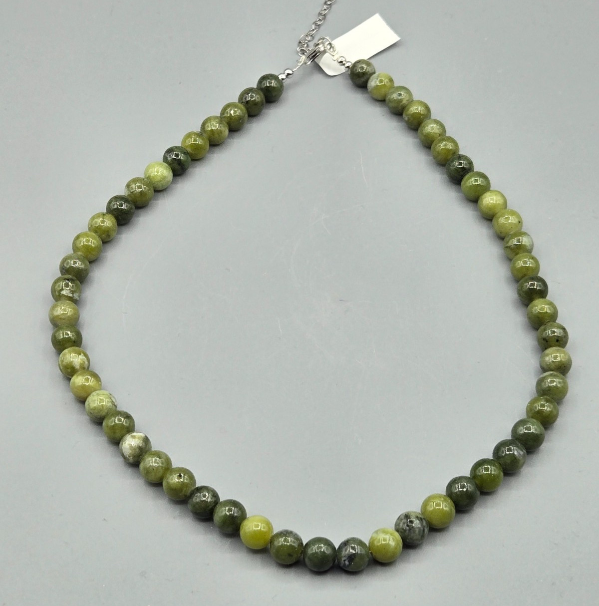 Green Marble 17″ Beaded Necklace w/925 Clasp & ~7.5″ Stretch Bracelet 58 grams