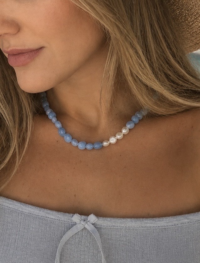 Blue White Beaded Choker Necklace Round White Pearl Accent Beads