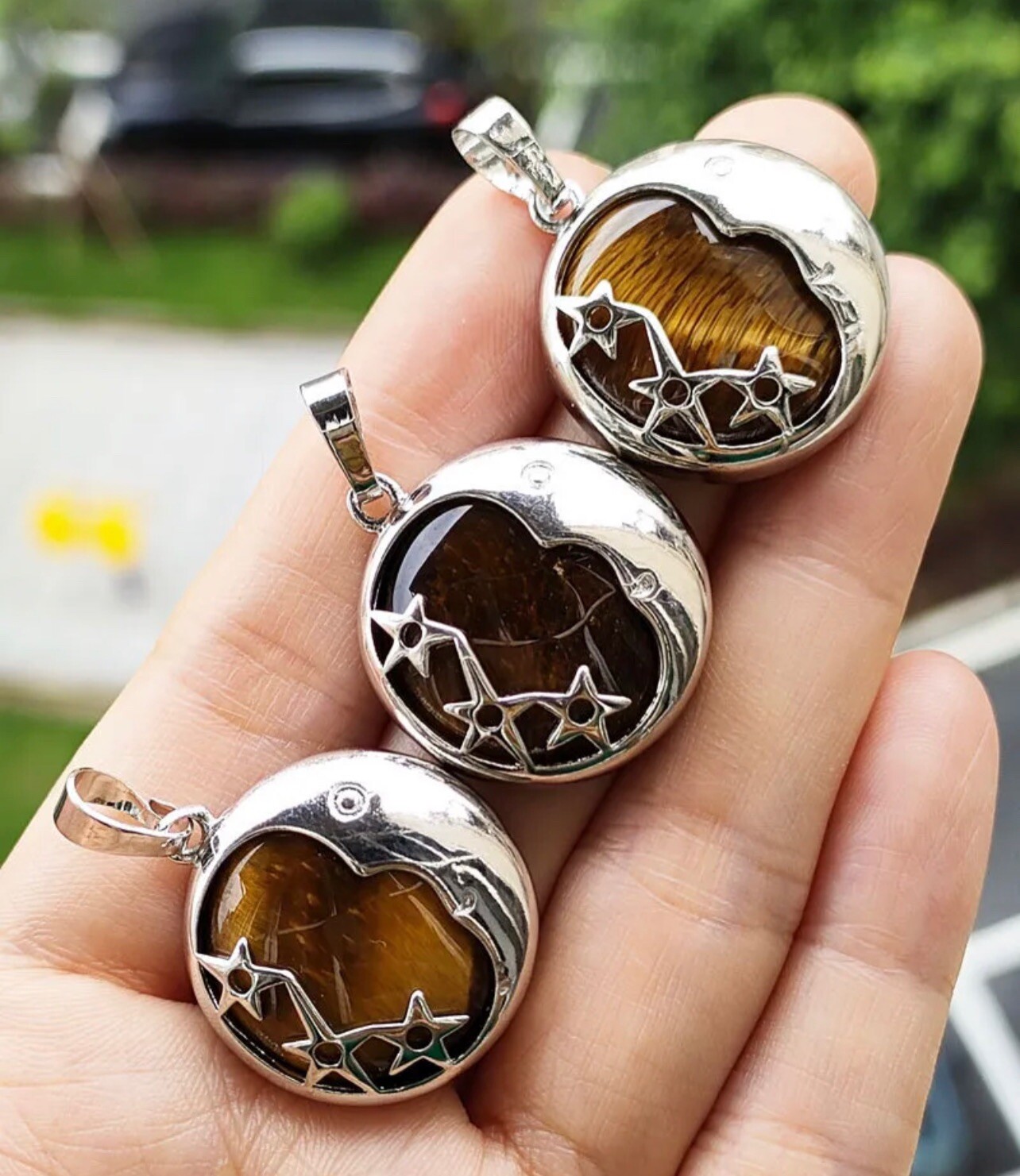 Tiger’s Eye Healing Stone Star And Moon Pendant With Chain 1Pc