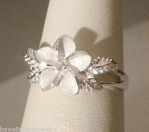 11MM HAWAIIAN SOLID STERLING SILVER MATTED PLUMERIA MAILE CLEAR CZ RING 5.0-10.5