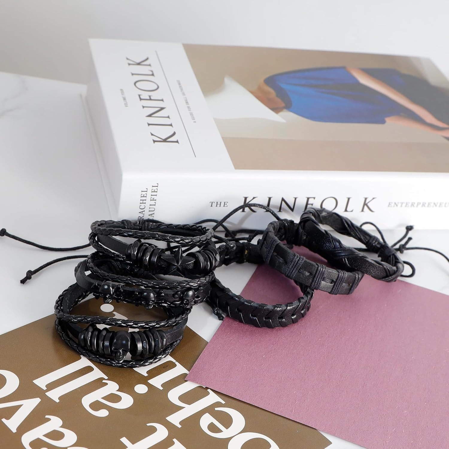 Black Gothic Punk Braided Leather Bracelet Set 6 Pcs Skull Adjustable Stackable