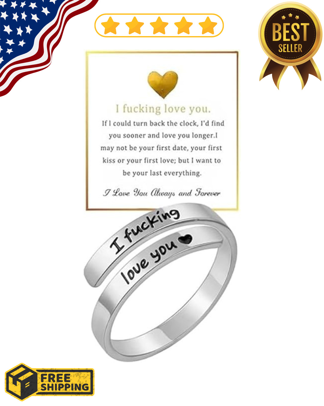 I F♡Cking Love You Ring for Women, Hope Rings Adjustable Stainless Steel Silver