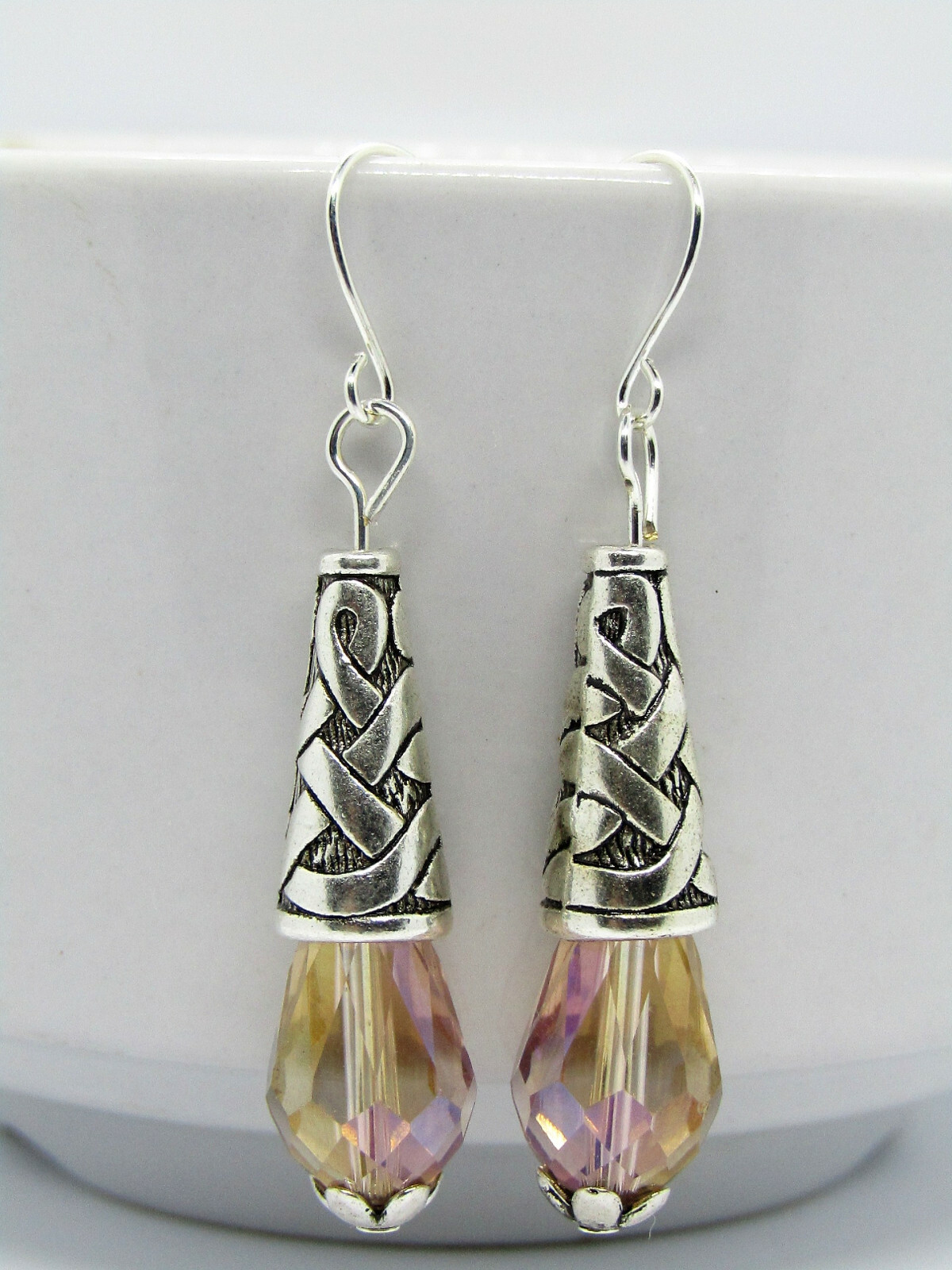 AB Teardrop Crystal Decorative Cone Silver Dangle Earrings USA MADE Beige