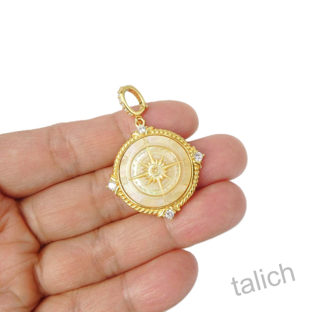 18K Gold Plated Sterling Silver MOP Compass Rose Cameo Pendant North Star Gift