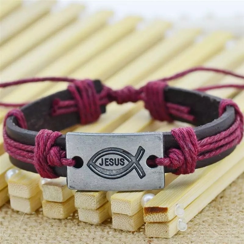 New 1PC Punk Style Leather Bracelets Charm Love Jesus Braided Rope Unisex Bangle