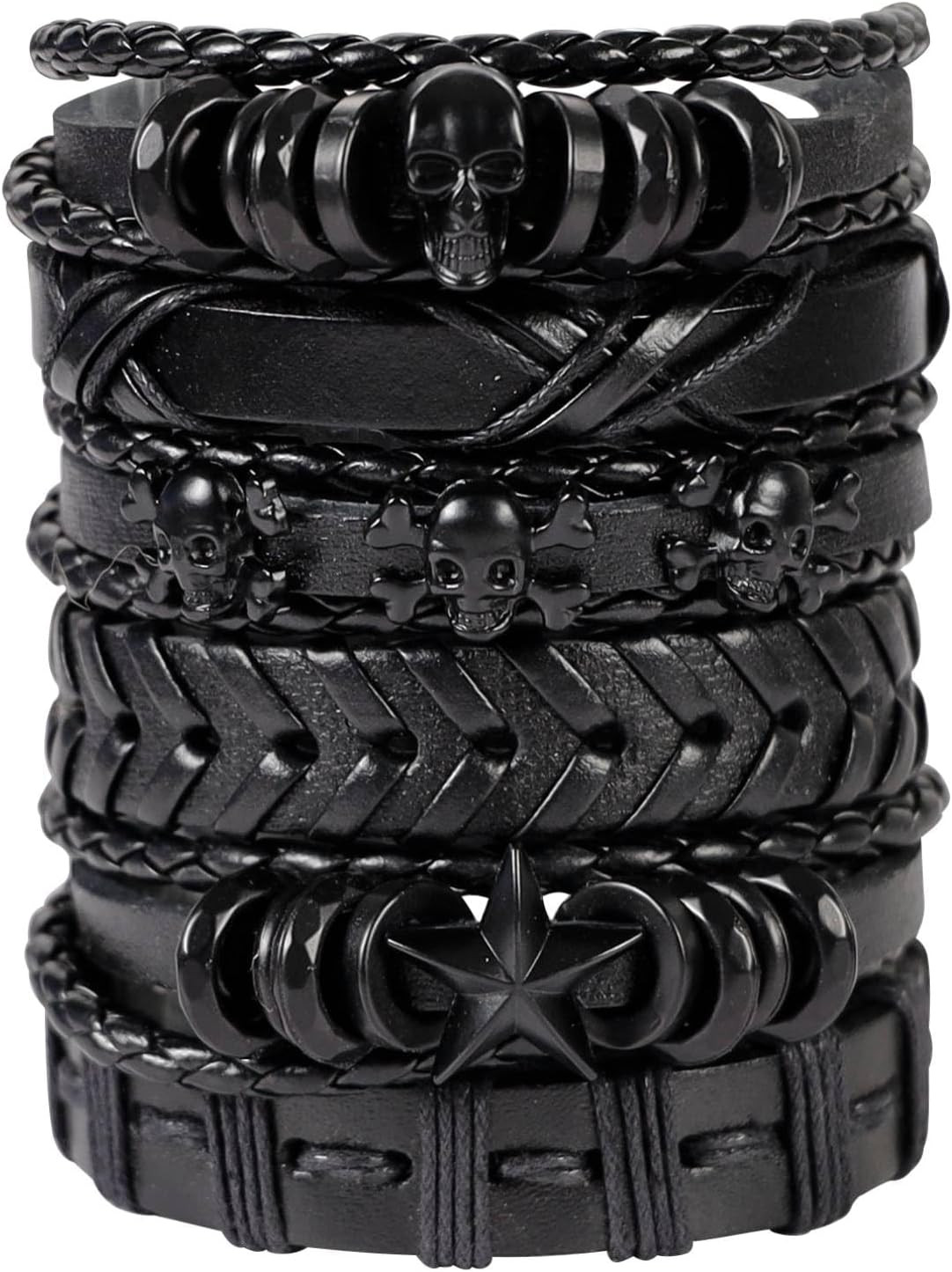 Black Gothic Punk Braided Leather Bracelet Set 6 Pcs Skull Adjustable Stackable