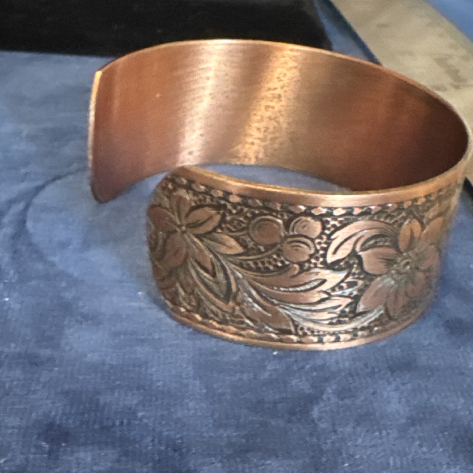 Copper Floral Engraved Cuff Bracelet Sizable Less Than 8in Flower Shape
