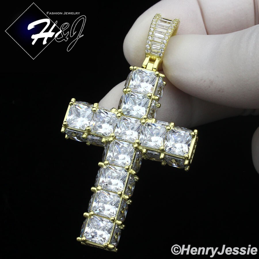 925 STERLING SILVER FULL ICY BAGUETTE CZ 3D GOLD PLATED BIG CROSS PENDANT*GP445