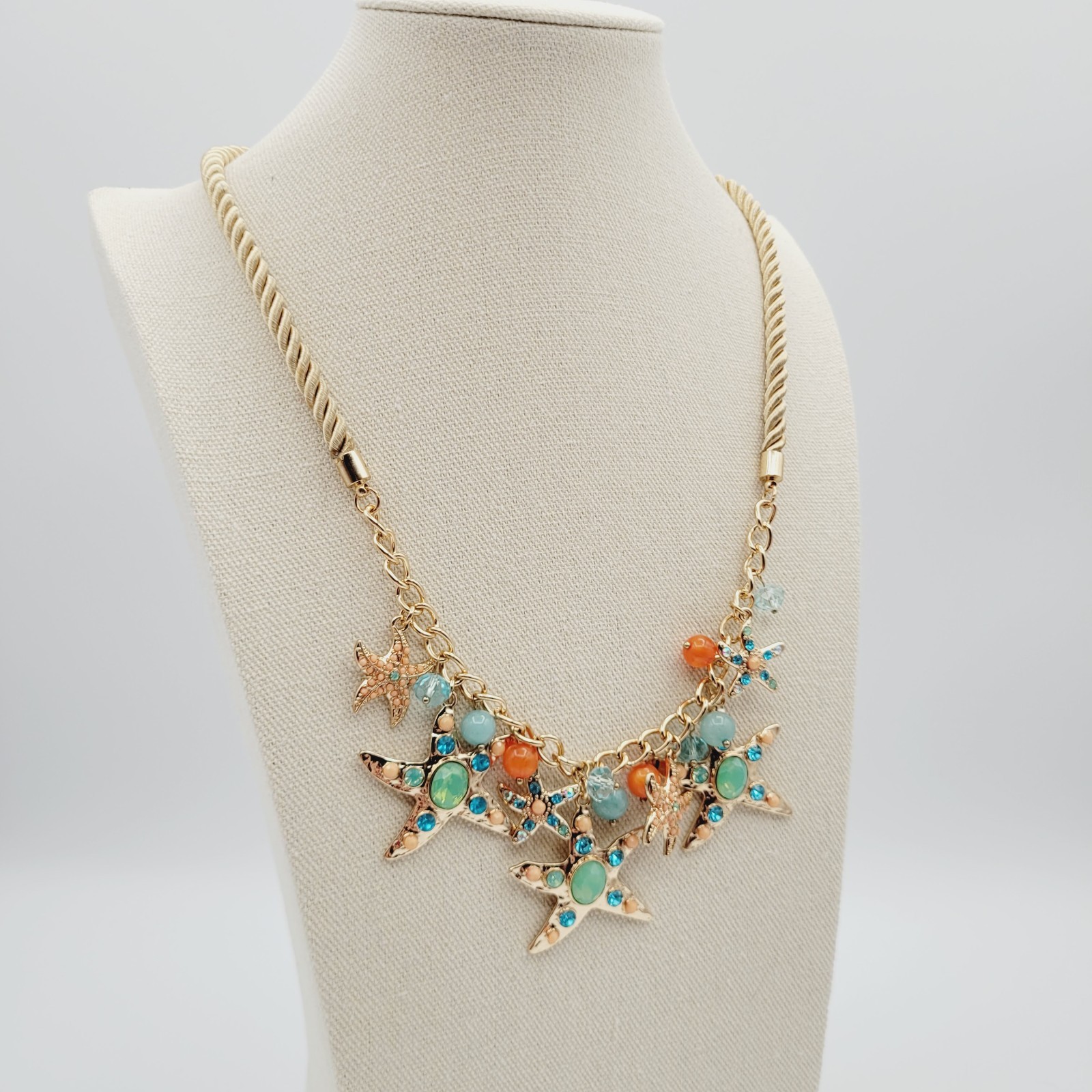 Gold Tone Starfish Necklace Green Blue Rhinestones Rope Sea Life Ocean Beach