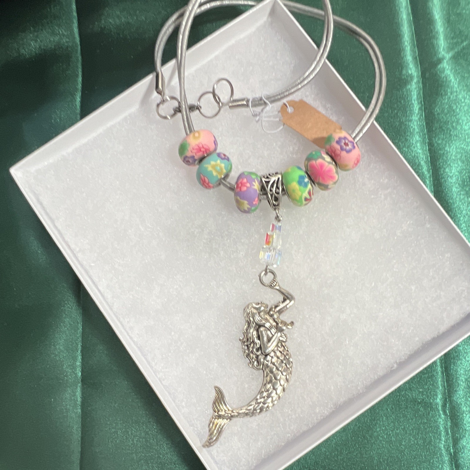 Necklace, leather beaded, sterling silver, mermaid, lobster claw.