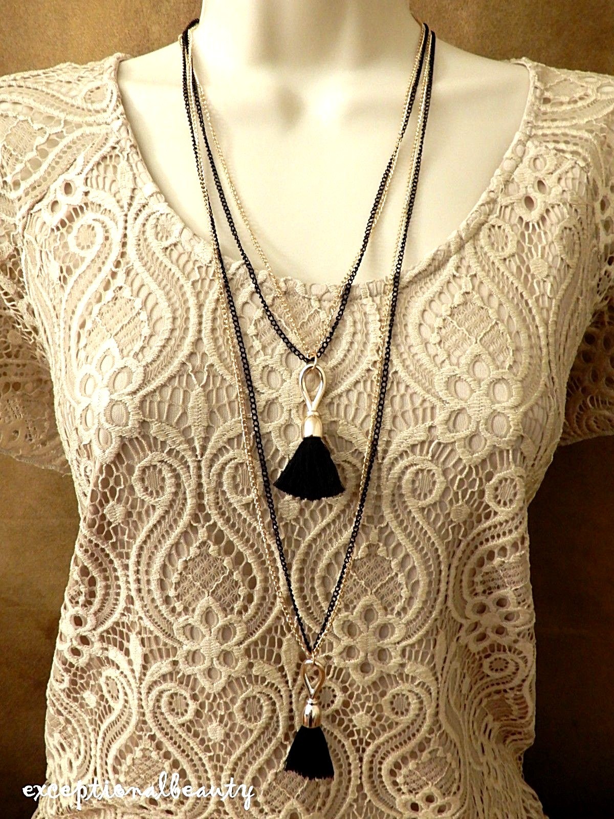 Gold & Black 2 Tier Chain Thread Tassle Pendant Long 30 Inch Sweater Necklace