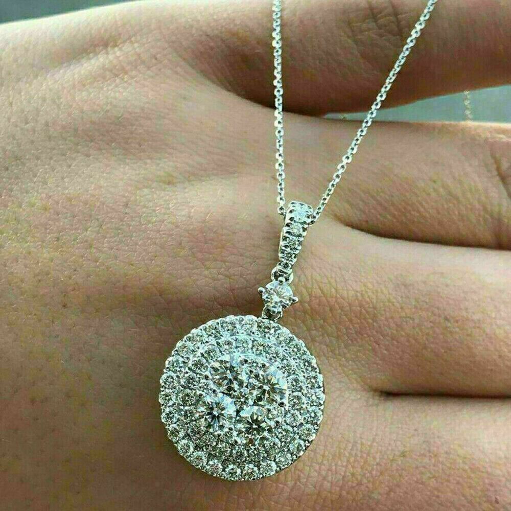 2Ct Round Cut Simulated Diamond Beautiful Cluster Pendant 14K White Gold Plated