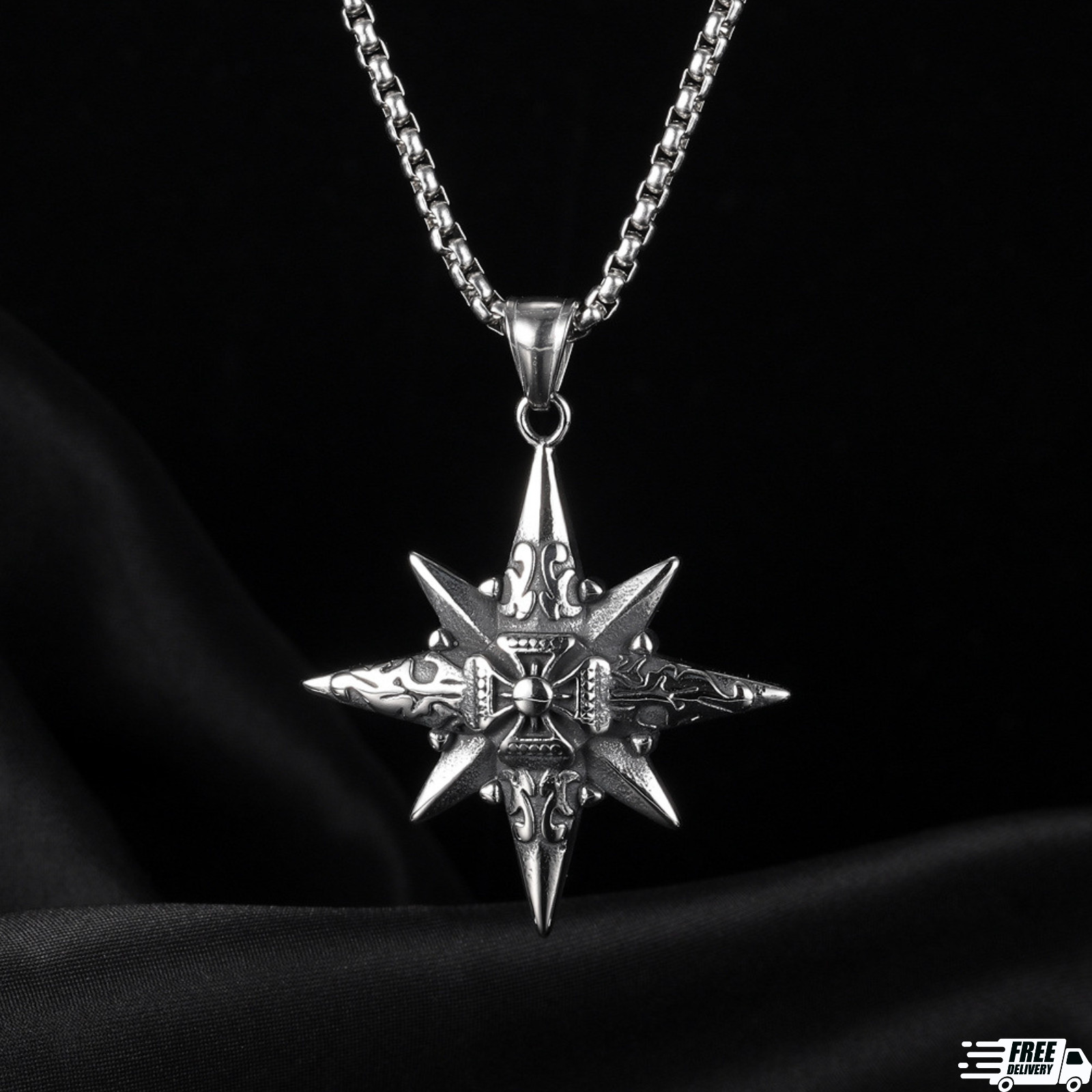 Mens Fashion Nautical North Star Compass Pendant Necklace Stainless Steel