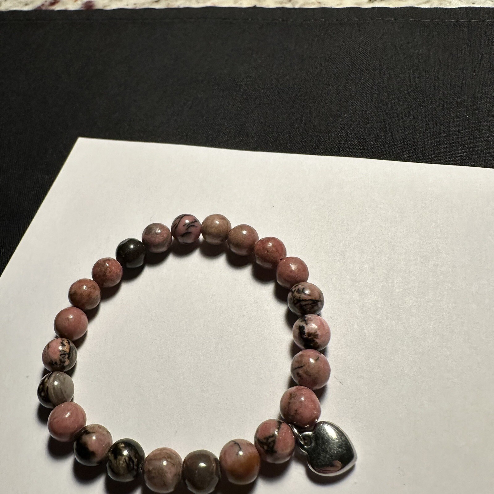 Beaded Semi Precious Gem Stone Stretchy Bracelet 6 3/8 Inch Heart Charm