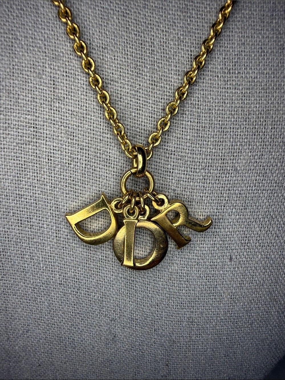 Christian Dior Logo Charm Gold Tone Pendant Necklace Vintage