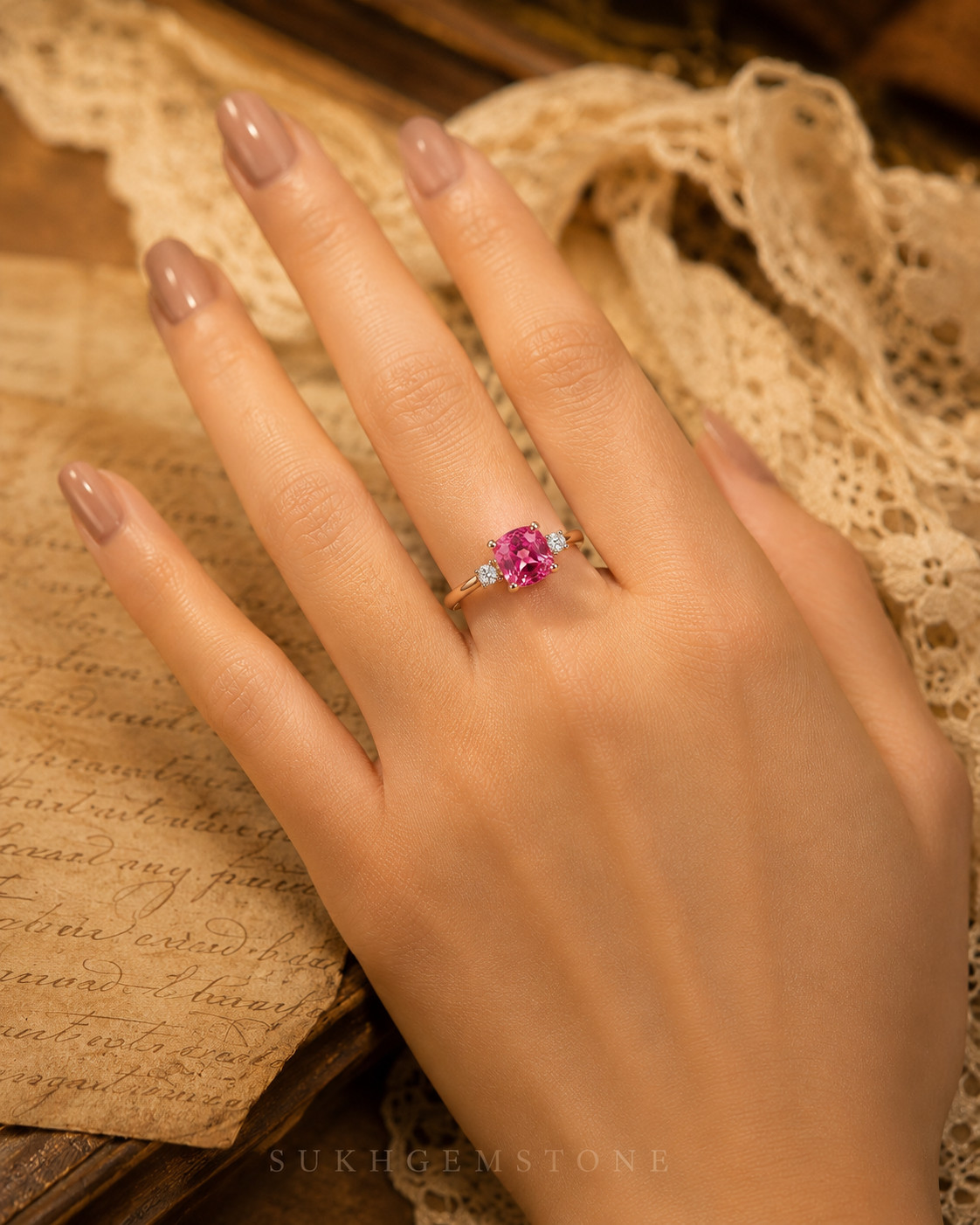 Lab Created pink Padparadscha Ring, Base Metal: Brass Finish: Gold Plated Gift