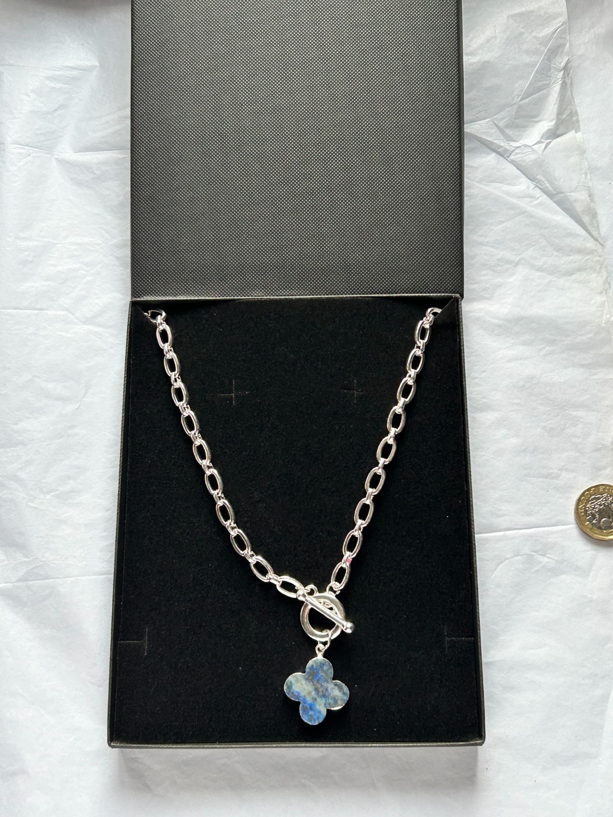 Silver Plated T Bar Clover Necklace With Semi Precious Lapis Stone, By Park Lane