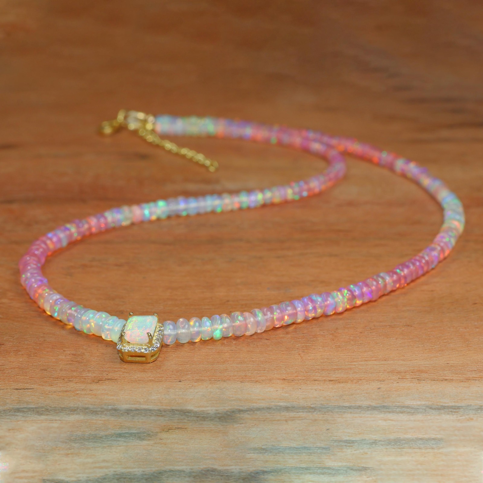 Shaded Pink Opal Smooth Beads Charm Necklace, Multifire Octagon Opal Charm