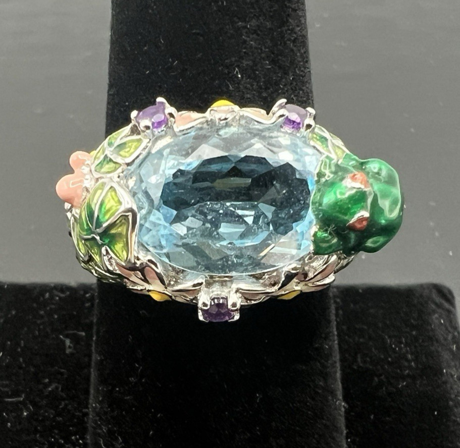 Ross Simons Sterling Silver Frog Pond Ring Blue Topaz Amethyst Enamel Size 9