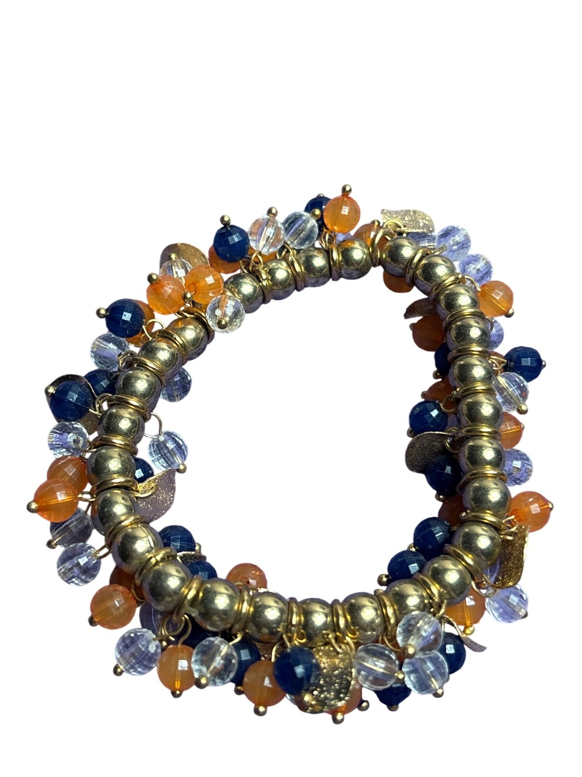 Slightly Stretchy Beaded Fringe Bracelet Goldtone Blue Orange 6.75 in Unstretch