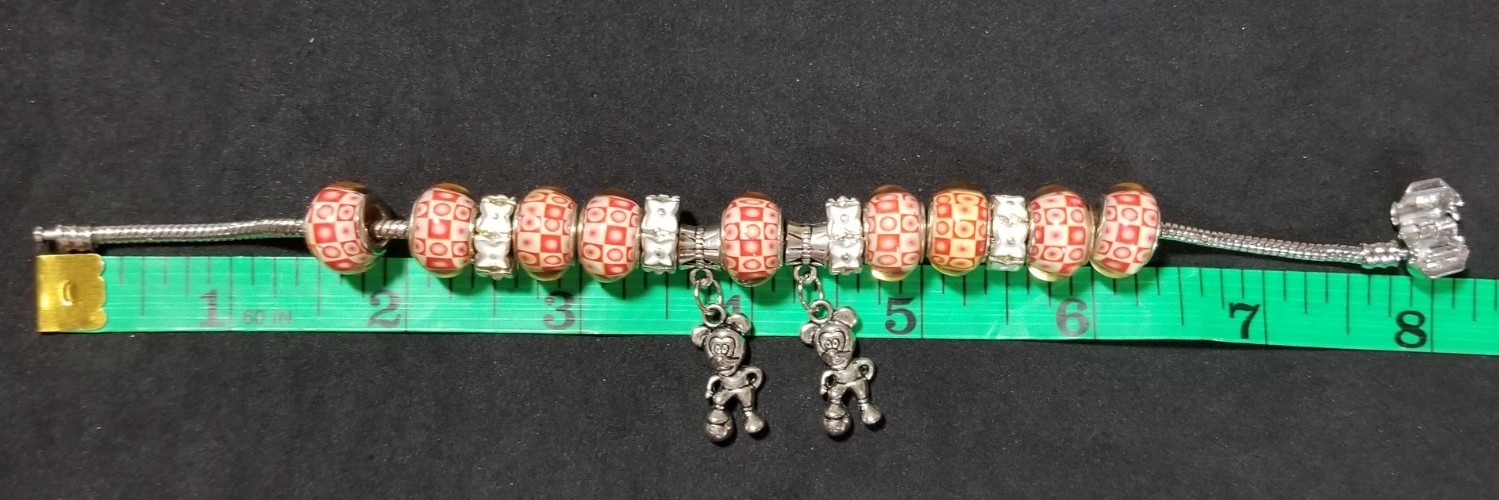 8.1″ Mickey with Soccer Ball Dangle Charms Murano Lampwork Glass Beads Bracelet