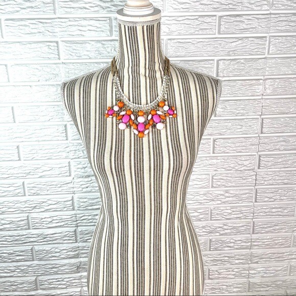 Multicolored Rhinestone and Resin Statement Bib Necklace Pink Orange White Gold