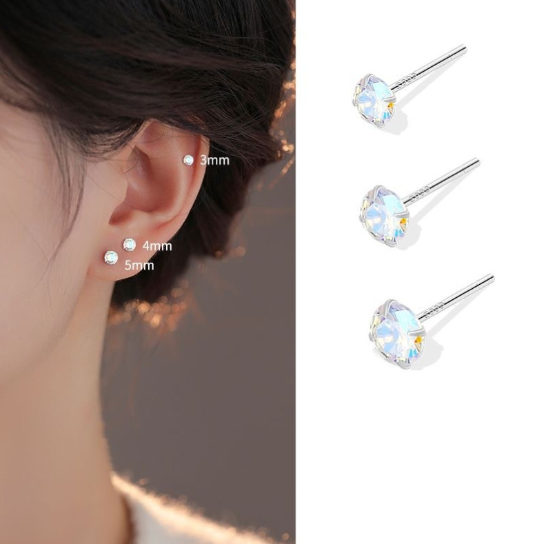 S925 Sterling Silver Tiny AB Crystal Round Girl Women Stud Post Earrings 3/4/5mm
