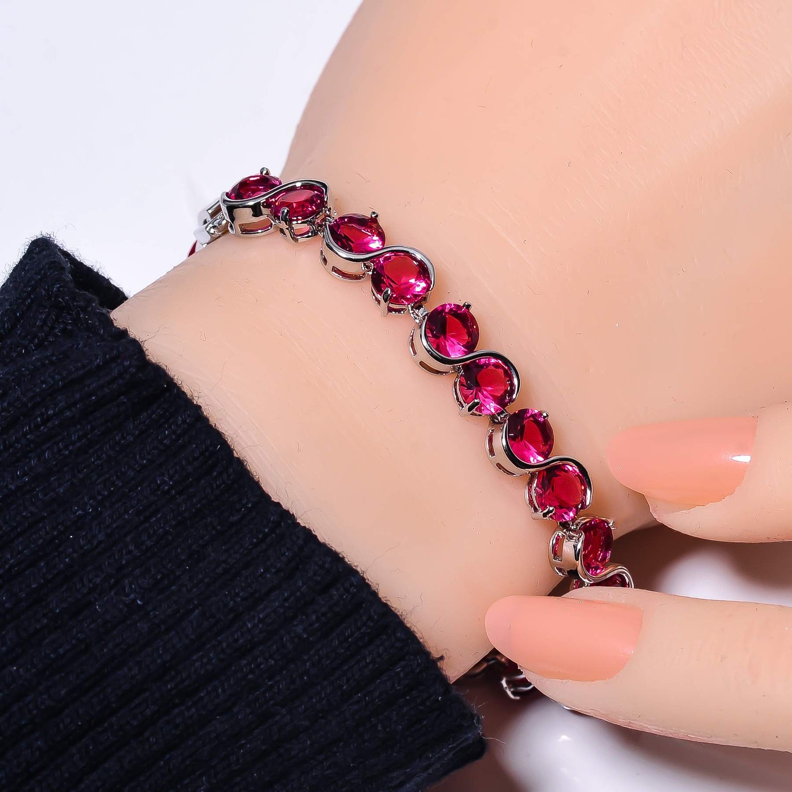 Pink Rubellite Tourmaline 925 Sterling Silver Tennis Bracelet 7.99″ B44