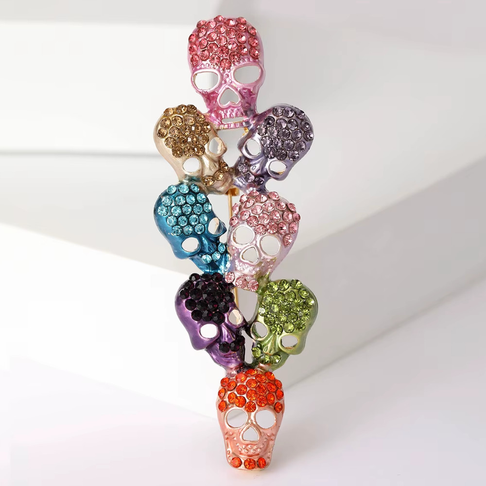 Halloween Multicolor Skull Brooch Pin Rhinestone Gothic Punk Costume Jewelry Gif