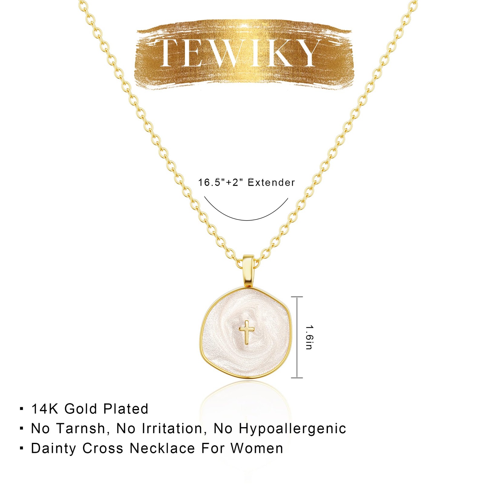 Tewiky Cross Necklace for Women-Dainty 17 inches (with extension), Gold