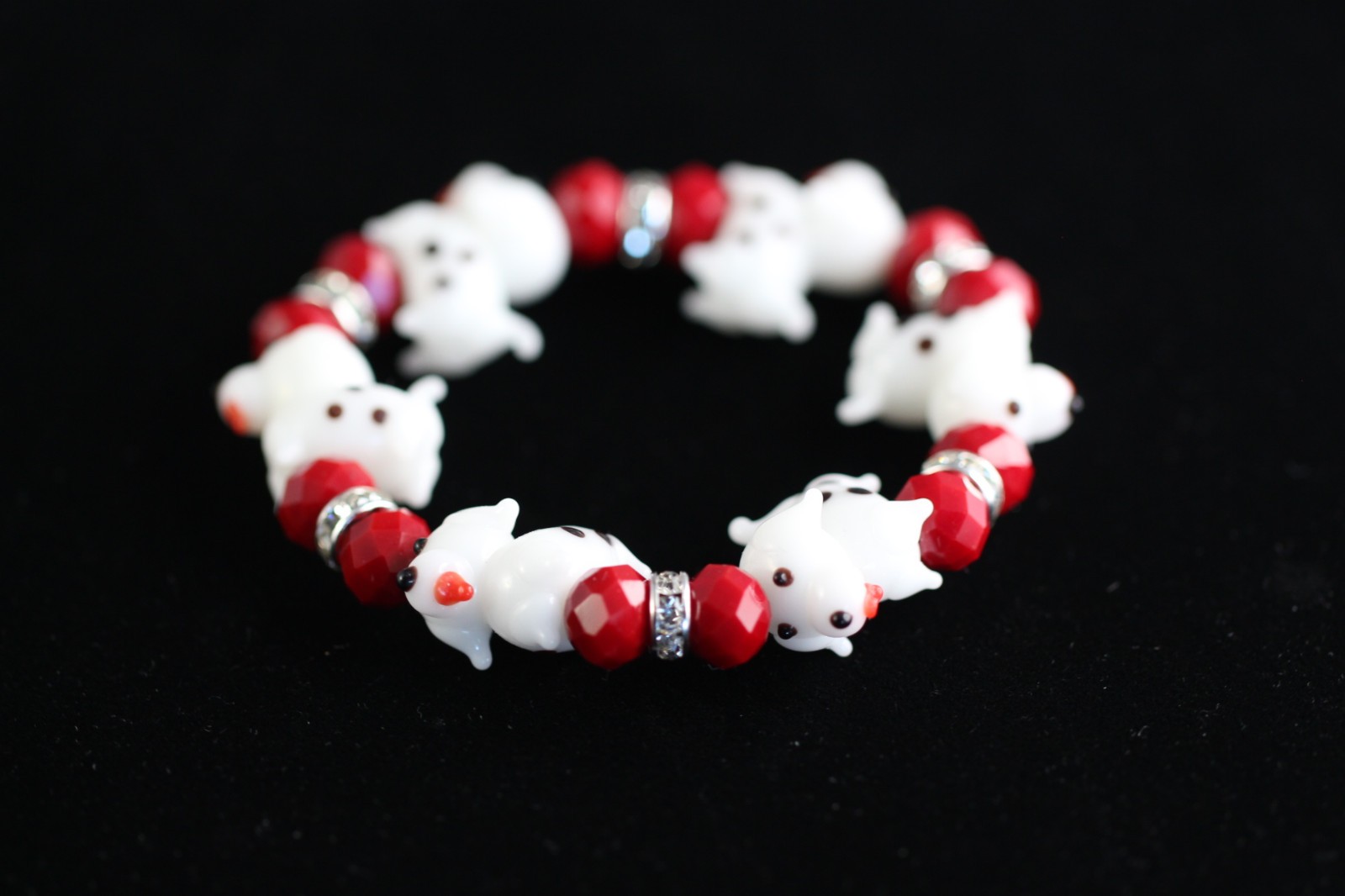 Dog Lampwork Bracelet 7″ Elastic Glass Beads Red Crystal White Polka Dot