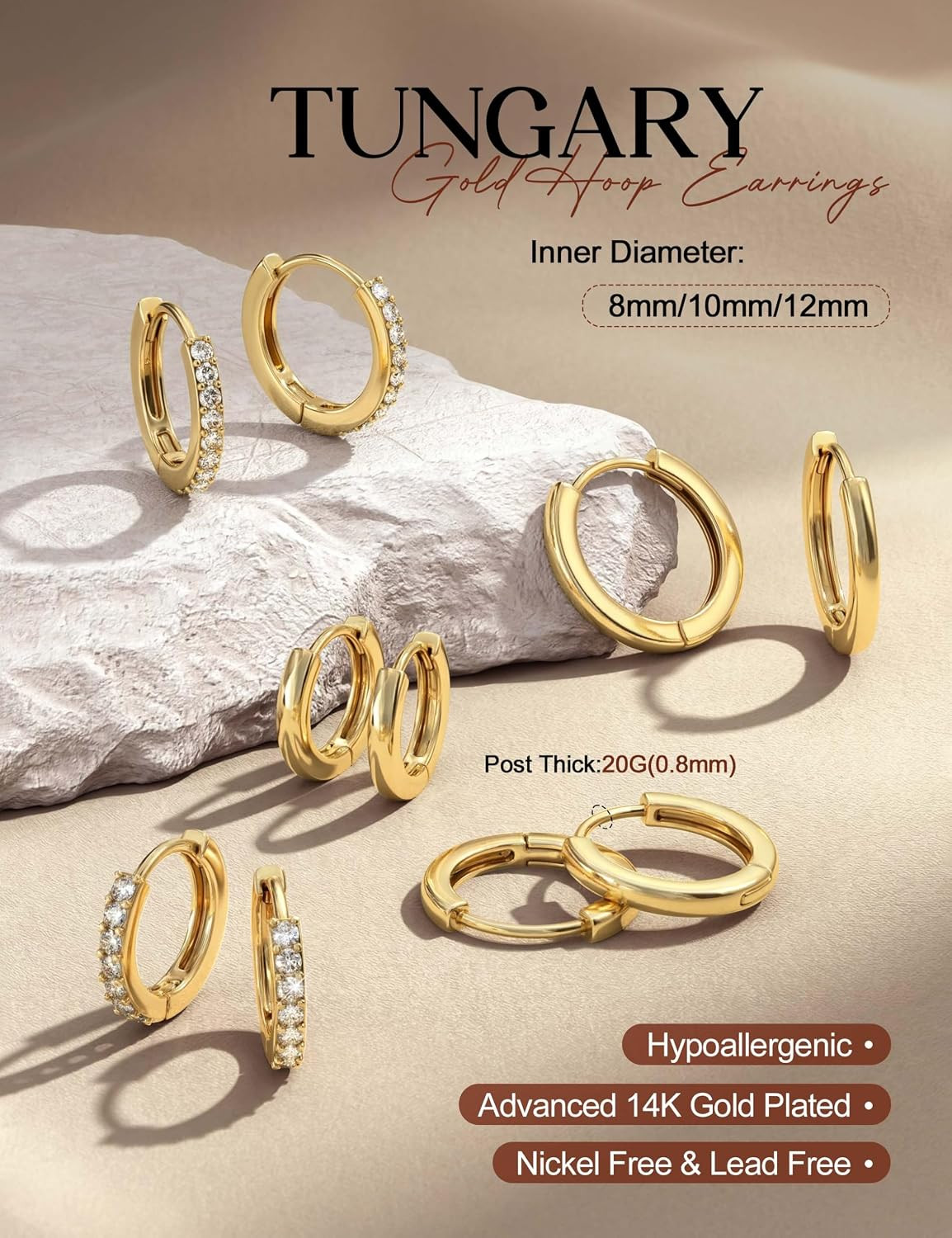 Small Gold Hoop Earrings for Women, Hypoallergenic Huggie Earrings for Sensitive