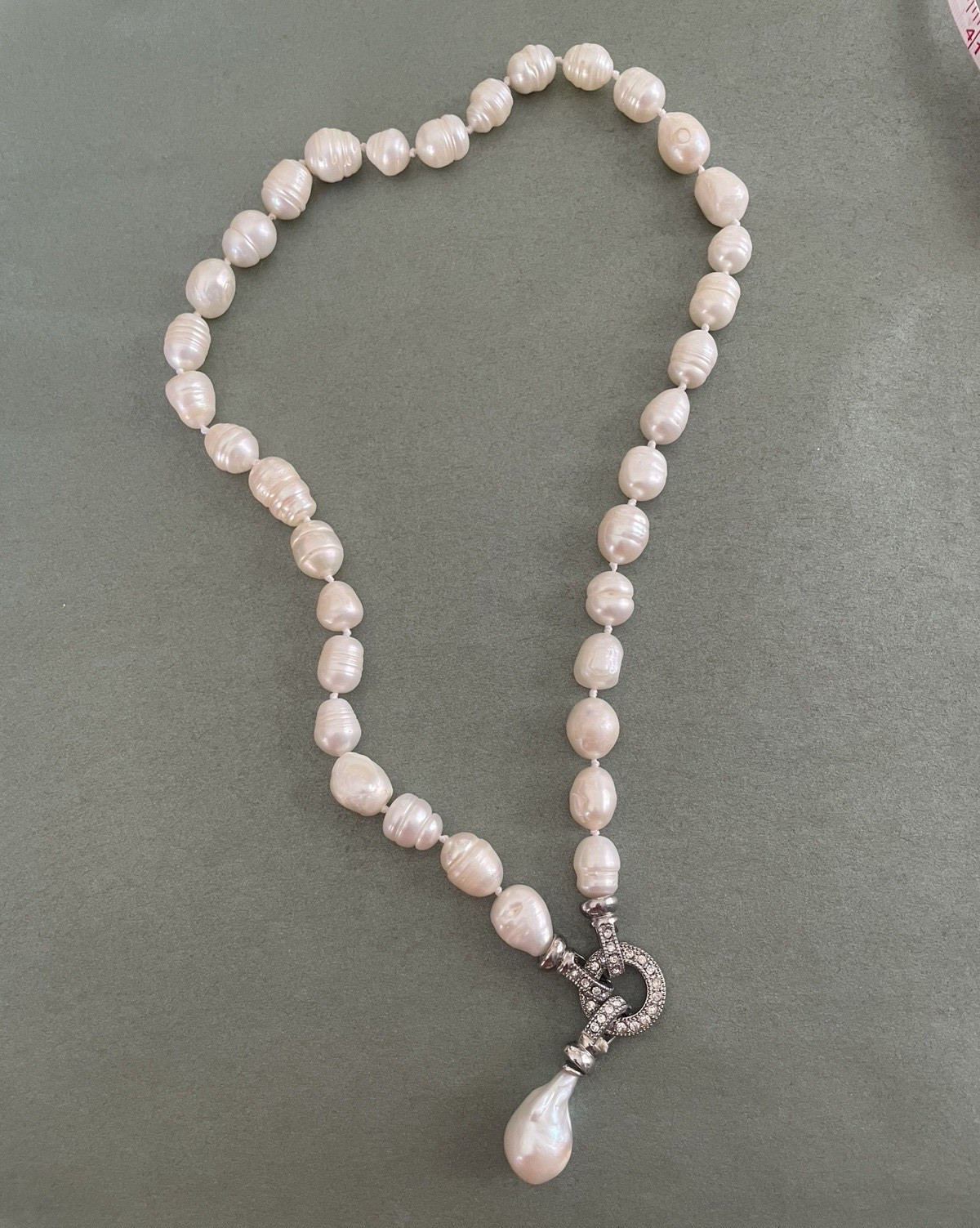 Baroque White Natural Pearl Lariat Necklace Removable Clasp Teardrop Pendant