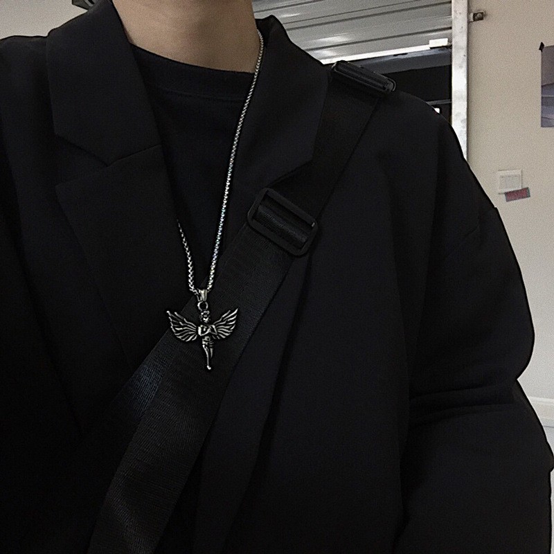 Vintage Silver Angel Wing Pendant Necklace Thin Rope 70cm Chain Men Jewelry
