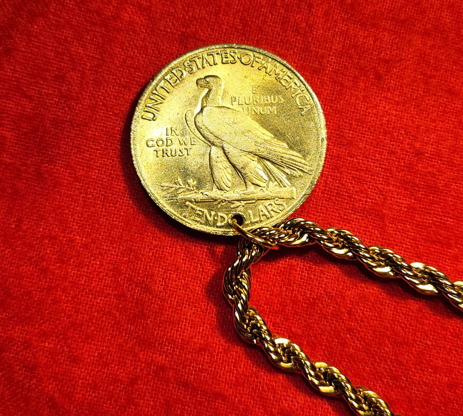 Indian Head $10 Eagle Plated Coin Pendant & Gold Filled Rope Necklace + Gift Box