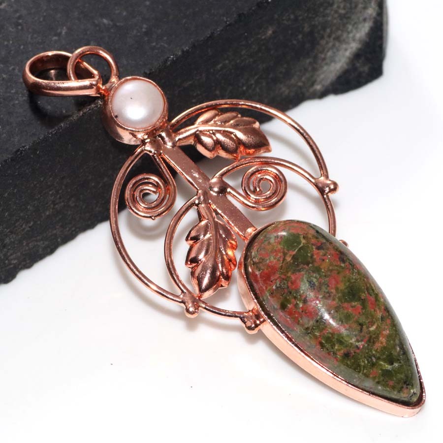 Copper Plated Long Unakite Pearl Pendant 2.5″ New Year Gift Most Beautiful GW