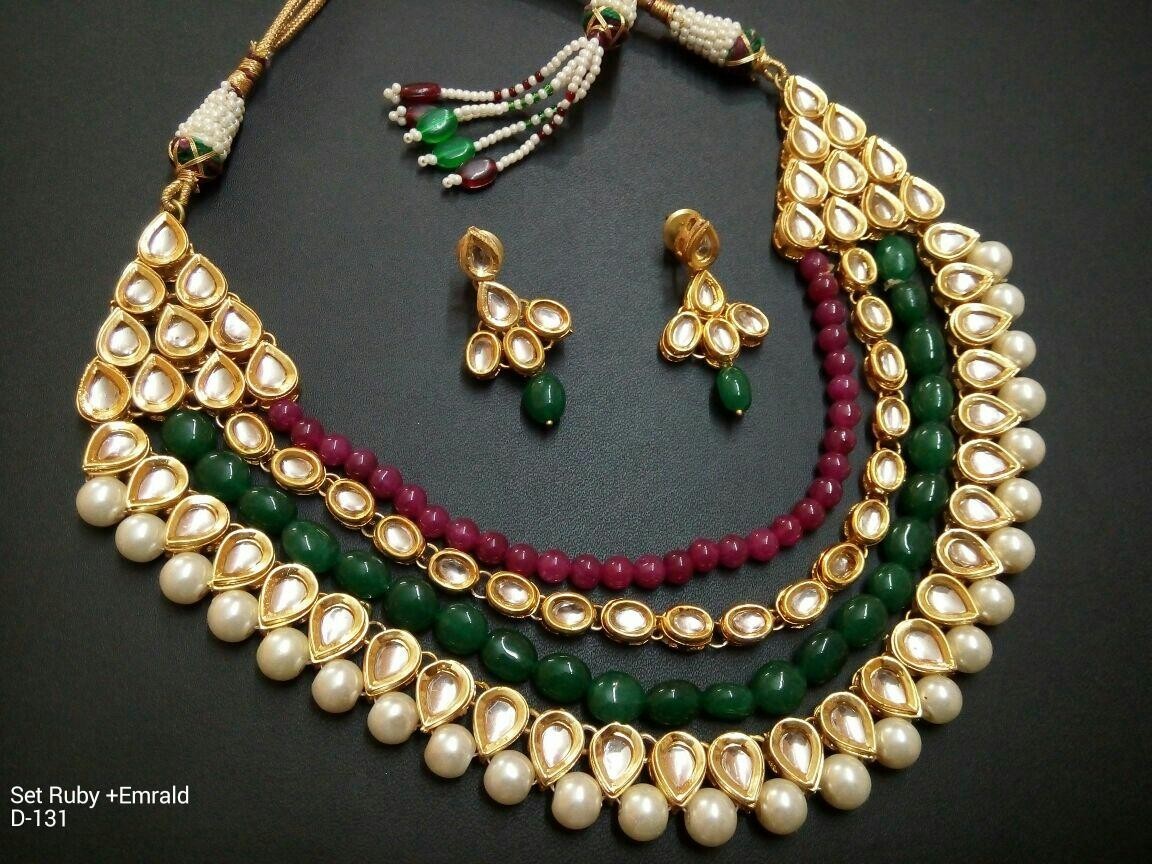JAYWAR Kundan Layered Pearl Choker Necklace Set Earrings Meenakari Bridal
