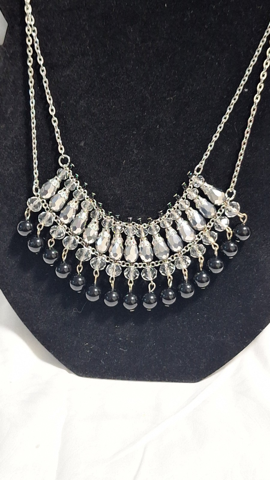 Silver Tone Bib Statement Necklace Clear Rhinestone Crystal & Black Bead Fringe