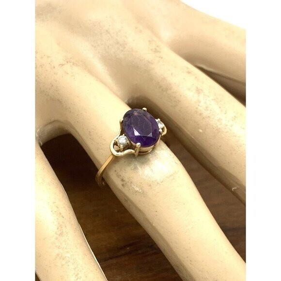 Purple Gemstone Diamond Cocktail Ring 14k Yellow Gold Women’s Estate Size 6.5