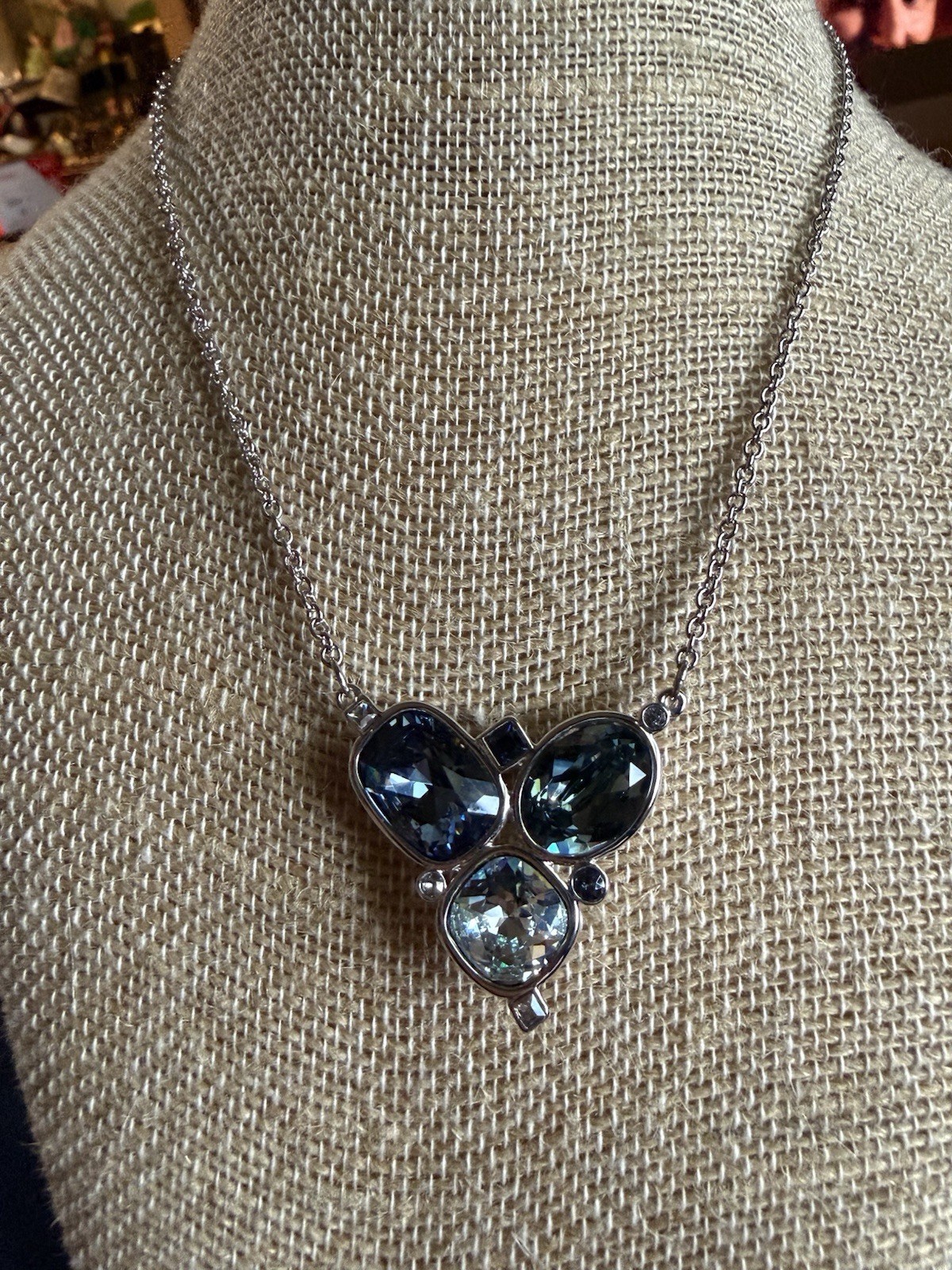 Touchstone Crystal Triad Necklace, Blue And Silver Tone, 17 Inches