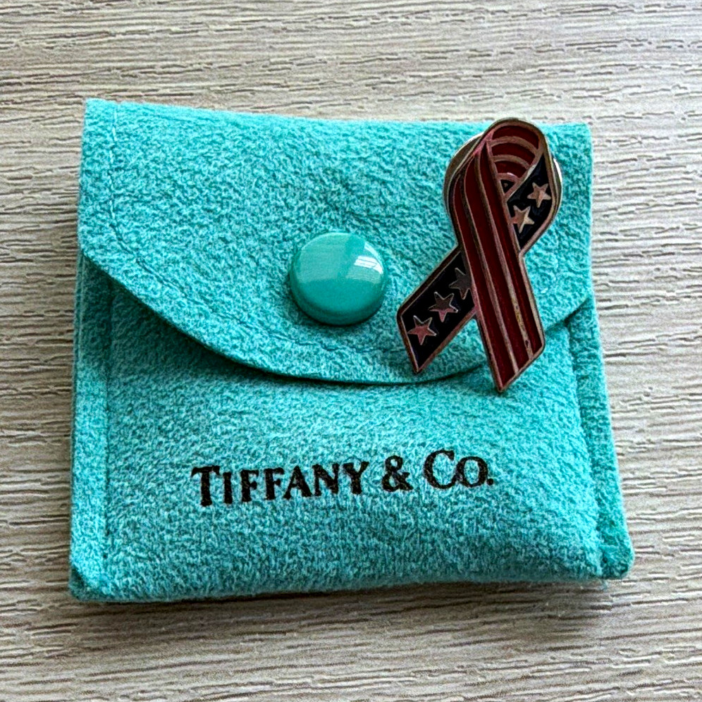 Tiffany & Co. 2001 925 Sterling Silver Enamel USA Flag Ribbon Pin with bag&box