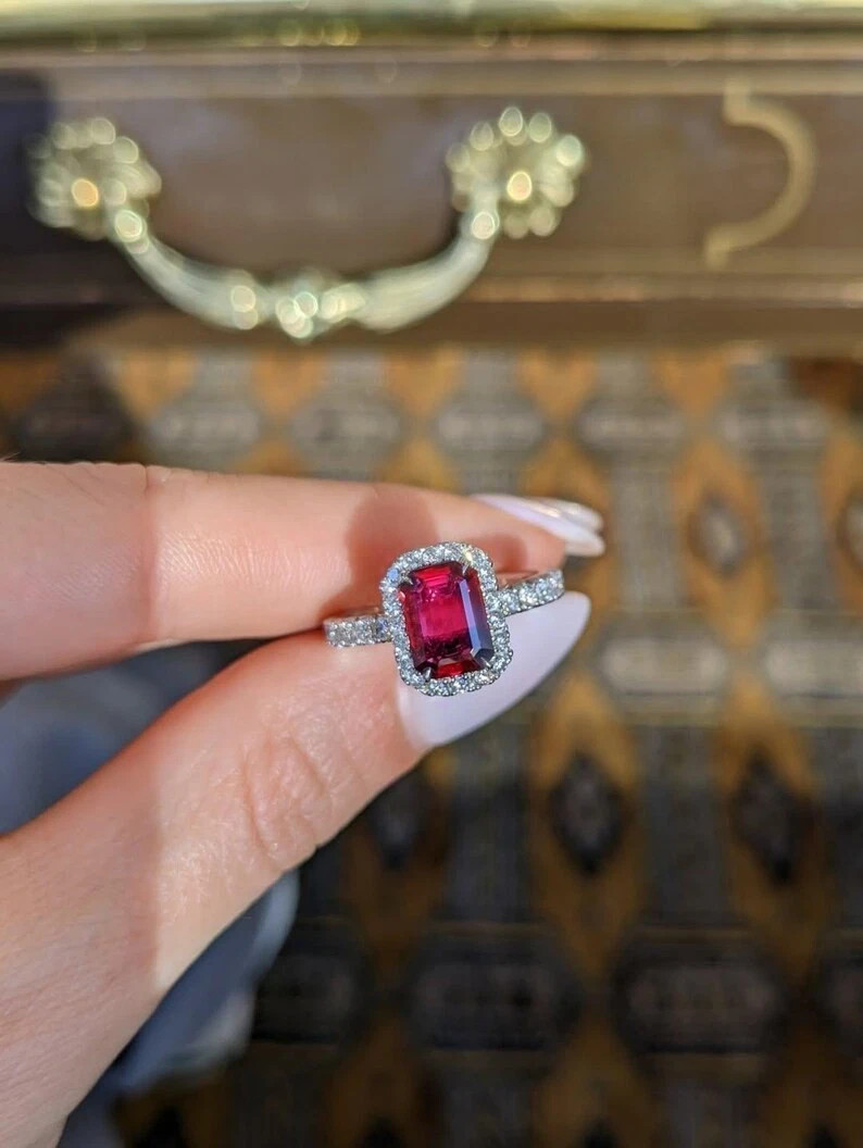 2.20 Ct Emerald Cut Natural Ruby & Diamond Wedding Ring 14K White Gold Size 8