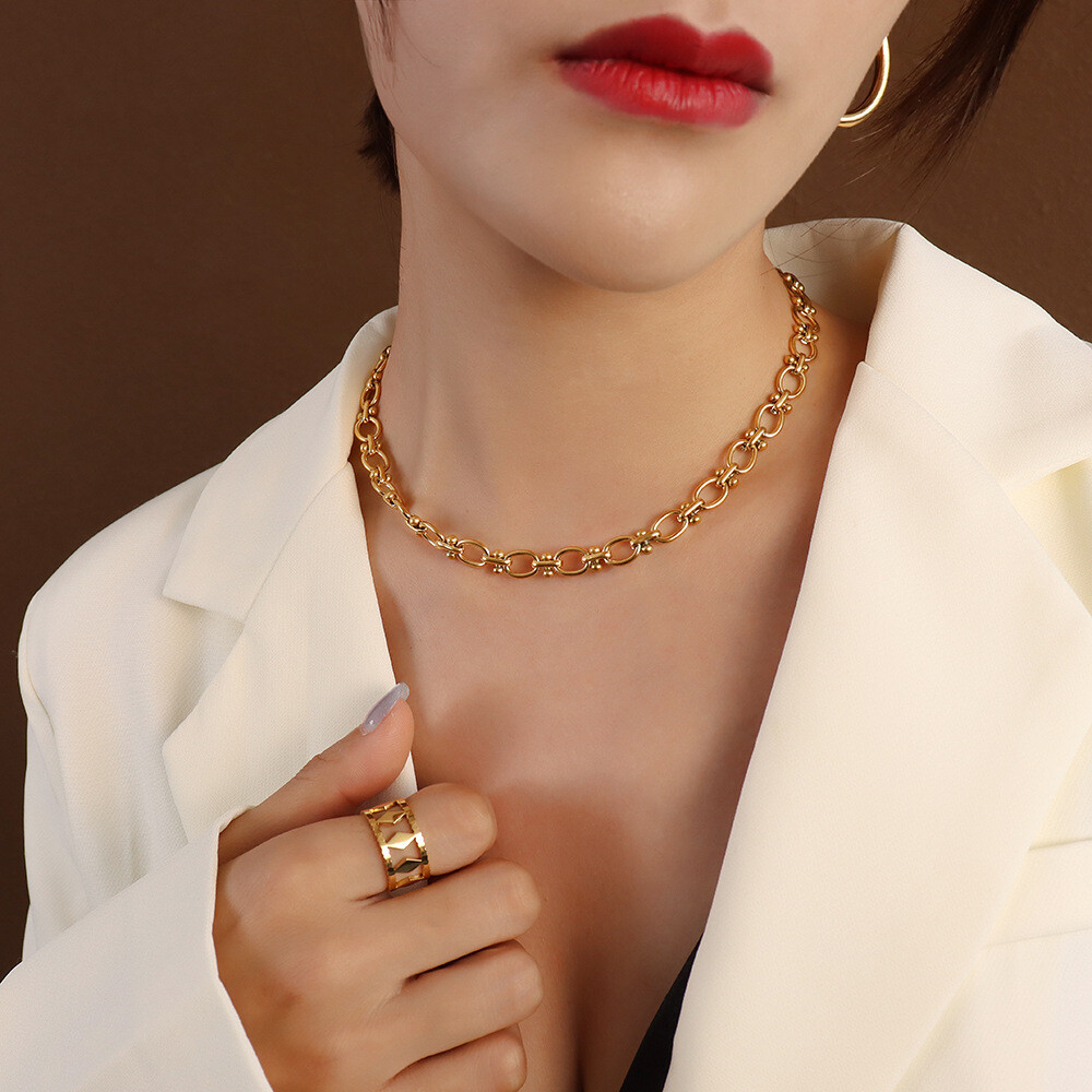 10mm Woman 18K Gold Plated Stainless Steel Rolo Link Chain Necklace 15.7-17.7”